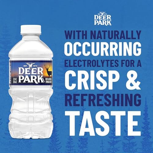 Deer Park natural spring bottled water in 12 oz bottles, 12-pack, clear bottles with blue labels, fresh spring water inside