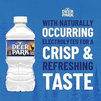 Deer Park natural spring bottled water in 12 oz bottles, 12-pack, clear bottles with blue labels, fresh spring water inside