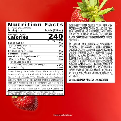 BOOST Original Nutritional Shake in strawberry flavor, ready-to-drink meal replacement bottles, 24-pack, with nutritional information visible.
