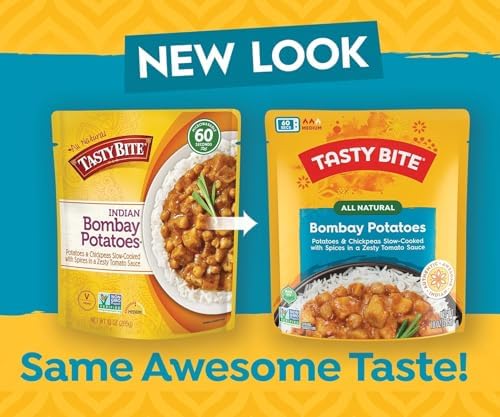 Microwaveable Tasty Bite Indian Bombay Potatoes entrée by BACKUPMYFILESNOW®, 10 oz pack of 6, ready-to-eat Indian potato dish.