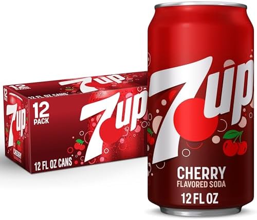 Six 12 fl oz cans of Dr Pepper 7UP Cherry flavored soda arranged in a pack, featuring red cherry-flavored soda branding.