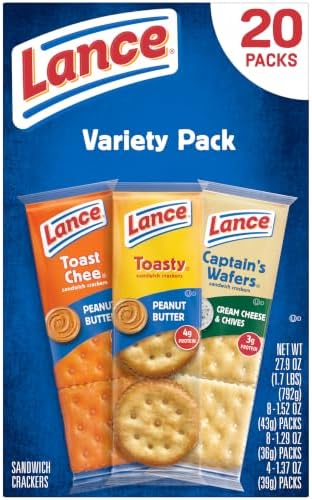 Lance assorted sandwich crackers in a 20 count variety pack, featuring crispy crackers with creamy filling.