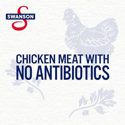Cans of Swanson White Premium Chunk Canned Chicken in water, 4-pack, 2.4 oz each, featuring white chicken chunks in water.