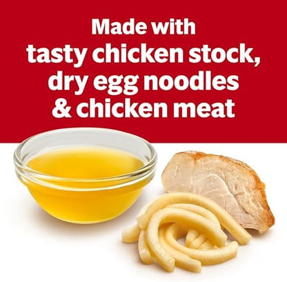 Cans of Campbell's Homestyle Chicken Noodle Soup, 10.5 oz, pack of 12, with colorful label and soup can image.