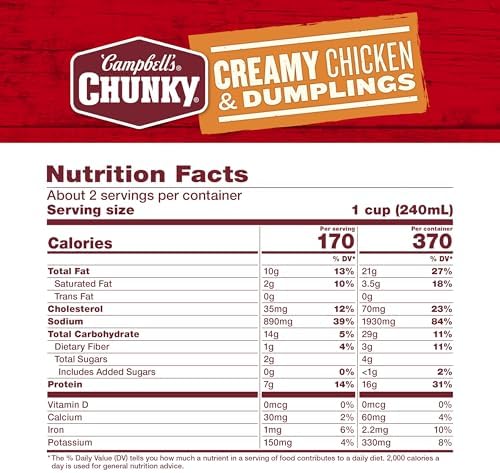 Campbell’s Chunky Creamy Chicken and Dumplings Soup in an 18.8 oz can, showing the soup with chicken, dumplings, and vegetables.