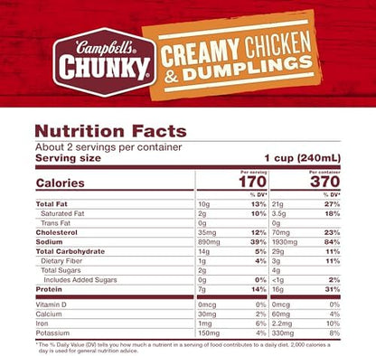 Campbell’s Chunky Creamy Chicken and Dumplings Soup in an 18.8 oz can, showing the soup with chicken, dumplings, and vegetables.