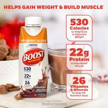Boost Very High Calorie Nutritional Chocolate Drink, 8 Fl Oz, pack of 24, protein supplement in a bottle.