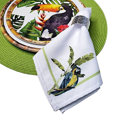 Set of four green synthetic cloth napkins featuring Brazilian parrot design, 16x16 inches, by Maison Charlo.