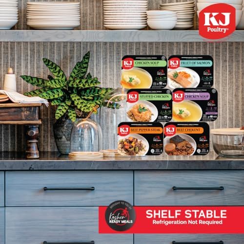 KJ Poultry Kosher ready microwave meals with chicken, beef, and salmon in a 14-pack variety, fully cooked and shelf-stable.