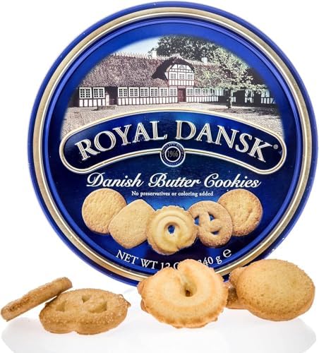 Royal Dansk Danish butter cookies in a 12 oz tin, assorted snack cookies made with real butter, shown on a white background.