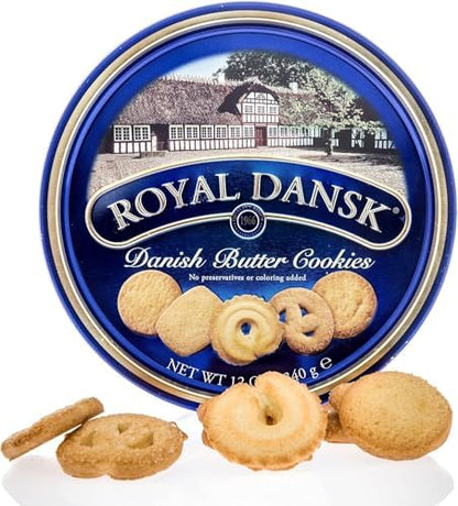 Royal Dansk Danish butter cookies in a 12 oz tin, assorted snack cookies made with real butter, shown on a white background.