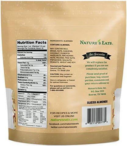 Sliced blanched almonds from Nature’s Eats in a resealable bag, ideal for baking, salads, granola, and snacks.