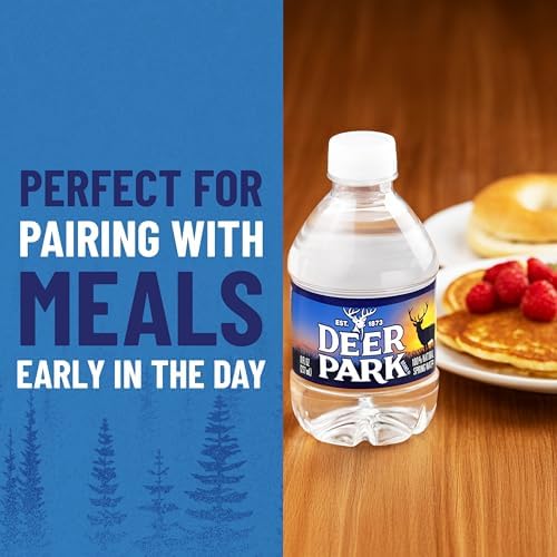 Deer Park Natural Spring Bottled Water in 8 fl oz mini bottles, 12-pack, clear plastic bottles with blue caps.