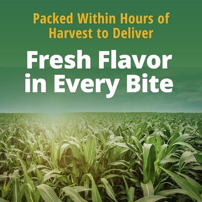 Canned Del Monte Whole Kernel Gold Corn with no salt added, 8.75-ounce pack of 12, showing golden corn kernels in a can