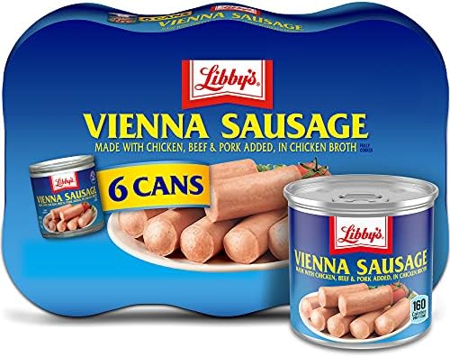 Libby's Vienna Sausage canned meat in a 4.6 oz. can, ready to eat, featuring 10g protein per serving, bulk pack of six cans.