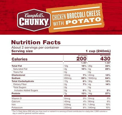 Campbell’s Chunky Chicken Broccoli Cheese Soup in an 18.8 oz can, featuring hearty chicken, broccoli, and cheese visible in the image.