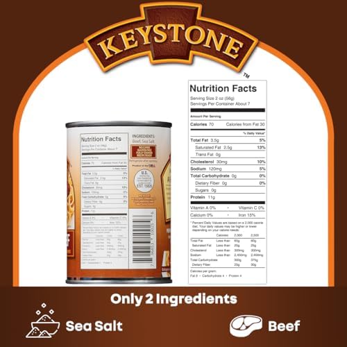 Keystone All Natural Heat and Serve Ground Beef canned meat, 14 oz, fully cooked, ready to eat, in a can with label.