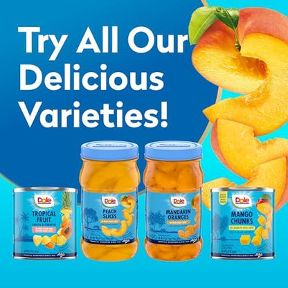 Dole jarred sliced peaches in a 23.5 oz jar, showing fresh peach slices in syrup on a white background.