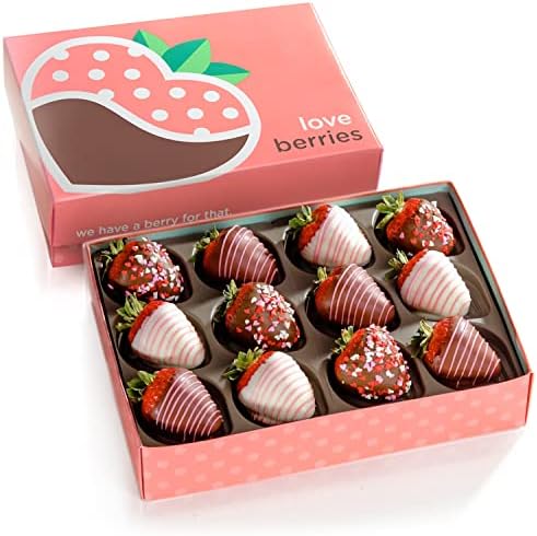 A Gift Inside chocolate strawberries gift box with 12 fresh dipped chocolate-covered strawberries, perfect for birthdays and anniversaries.