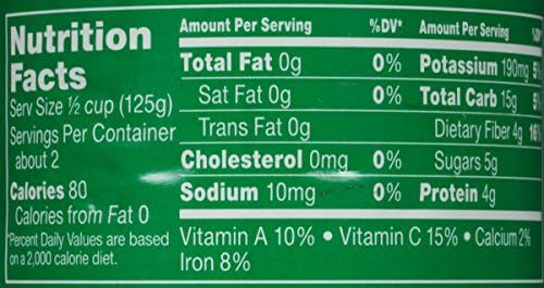Canned Del Monte sweet peas in 8.5-ounce cans with no salt added, stacked in a pack of 12, showing vibrant green peas inside.