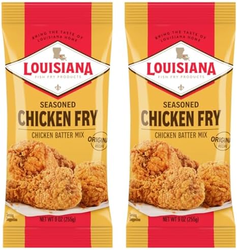 Louisiana Fish Fry Products seasoned chicken fry mix in a 9 oz pack, perfect for flavorful fried chicken cooking.