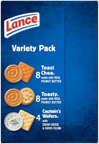 Assorted Lance sandwich crackers in a variety pack, featuring different flavors and textures in individual cracker snacks.
