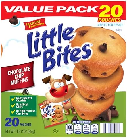 Entenmann's chocolate chip mini muffins in a value pack of 20 individual 1.5 oz packs, made with real chocolate chips.
