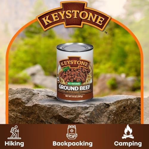Canned Keystone All Natural Heat and Serve Ground Beef in 14 oz can, fully cooked, ready to eat, pantry staple for meals.