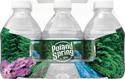 Poland Spring Half Pint natural spring water bottles in a 12-pack, showing clear bottles filled with pure spring water.