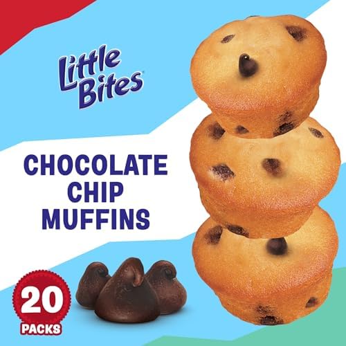 Entenmann's chocolate chip mini muffins in a value pack with 20 individual 1.5 oz packs, perfect for snacking.