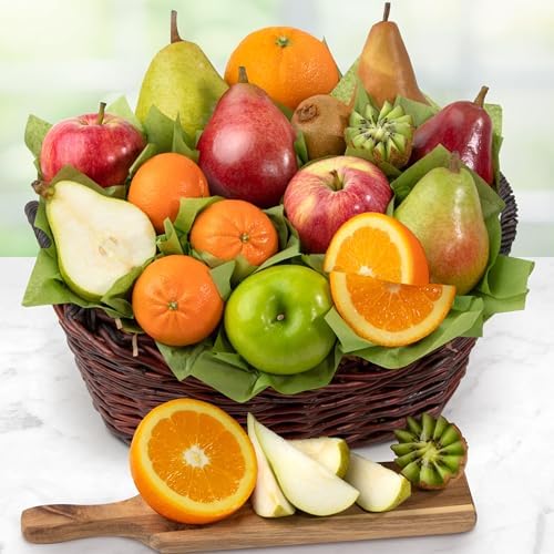 Fresh fruit gift basket from A Gift Inside with pears, apples, kiwi, and oranges, decorated with a happy birthday ribbon.