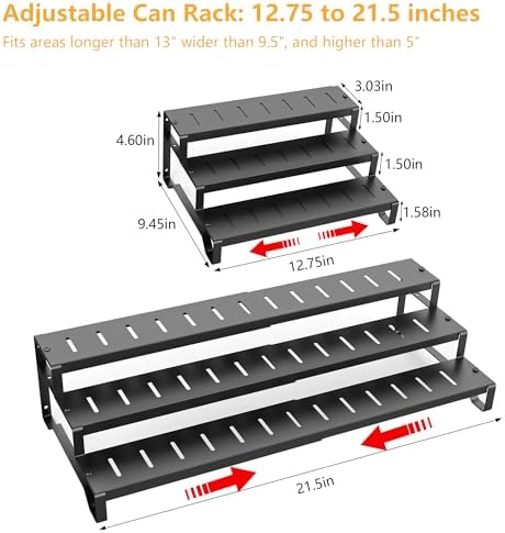 Expandable Attelite can organizer with 3 tiers for pantry canned food storage, made of metal, adjustable for space.
