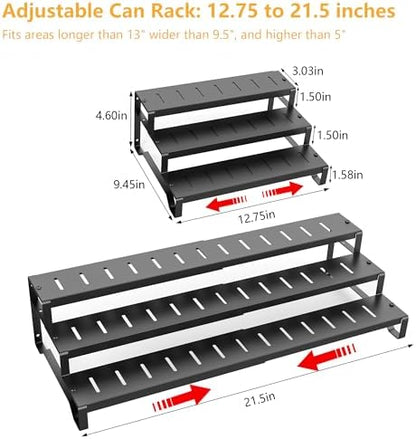 Expandable Attelite can organizer with 3 tiers for pantry canned food storage, made of metal, adjustable for space.
