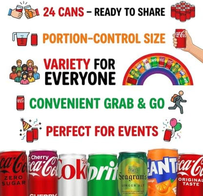 Coca-Cola soda variety pack with 24 assorted mini cans including Coke, Cherry Coke, Diet Coke, Coke Zero, Fanta, Sprite, and Ginger Ale