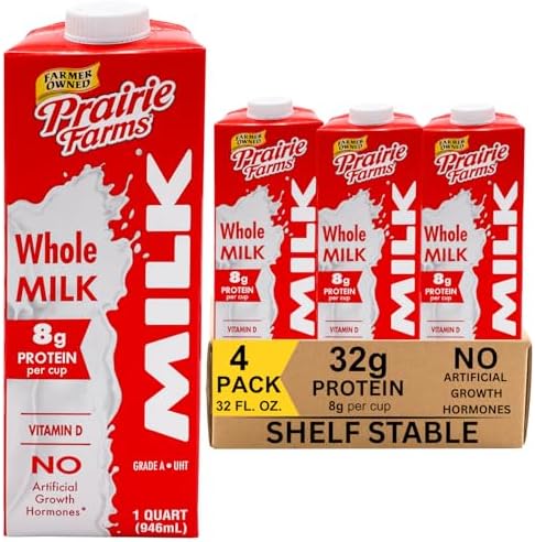 Prairie Farms Shelf Stable Whole Milk box, 1 quart, vitamin D, preservative-free, hormone-free, gluten-free, kosher, made in USA, 4-pack