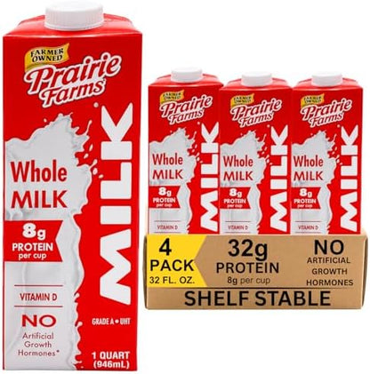 Prairie Farms Shelf Stable Whole Milk box, 1 quart, vitamin D, preservative-free, hormone-free, gluten-free, kosher, made in USA, 4-pack