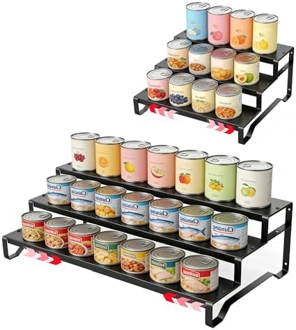 Expandable Attelite can organizer for pantry, 3-tier metal canned food storage solution with adjustable compartments.