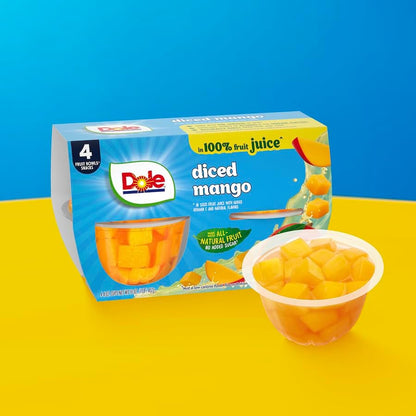 Dole Diced Mango fruit snack cups in 4 oz bowls, 24-pack, showing vibrant diced mango pieces in clear packaging.