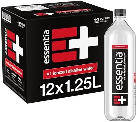 Essentia Water LLC alkaline drinking water in black bottles, 42.3 fl oz each, infused with electrolytes for smooth, ionized pH 9.5+; pack of 12.