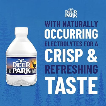 Deer Park natural spring bottled water in 8 fl oz mini bottles, 12-pack on a white background.