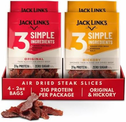 Jack Link's beef jerky slices in original and hickory smoked flavors, 2 oz packs, arranged in a four-pack bundle.