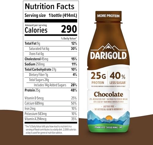 Darigold FIT high protein shelf stable chocolate milk bottle, 14oz, with rich chocolate color and label visible.
