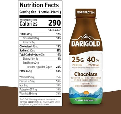 Darigold FIT high protein shelf stable chocolate milk bottle, 14oz, with rich chocolate color and label visible.