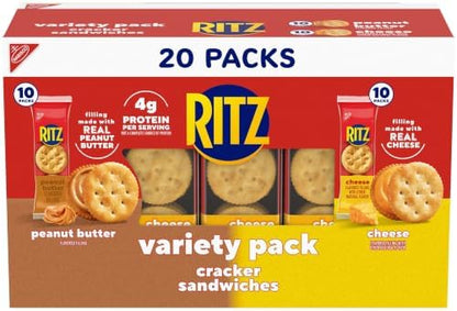 Ritz peanut butter and cheese sandwich crackers variety pack with 20 snack packs, crispy crackers with creamy fillings.