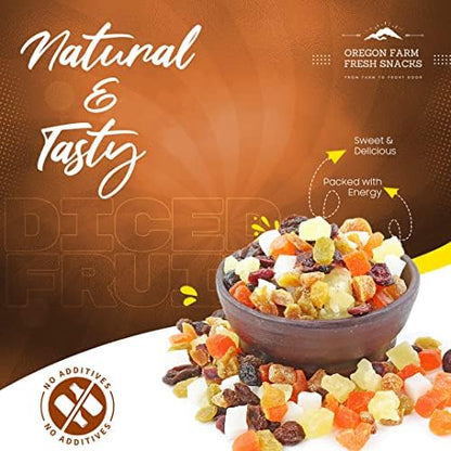 Oregon Farm Fresh Snacks dried fruit mix with cranberries, coconut, and mango in a 24 oz bag, showing colorful dried fruit pieces.