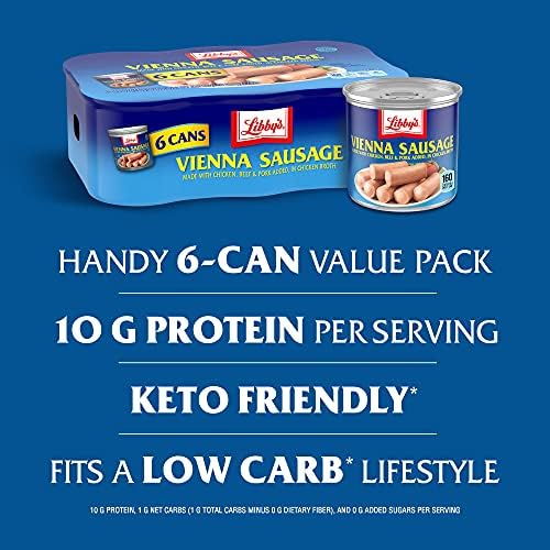 Libby's Vienna Sausage canned meat with 10g protein per serving, 4.6 oz. can, shown in a bulk pack of six.