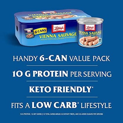 Libby's Vienna Sausage canned meat with 10g protein per serving, 4.6 oz. can, shown in a bulk pack of six.