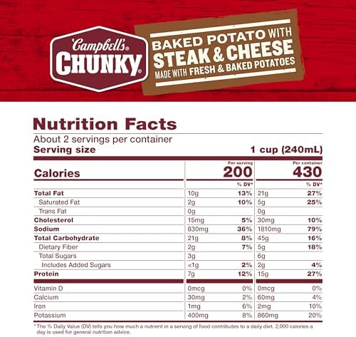 Campbell’s Chunky Baked Potato with Steak & Cheese Soup in an 18.8 oz can, showing the soup with potatoes, steak, and cheese.