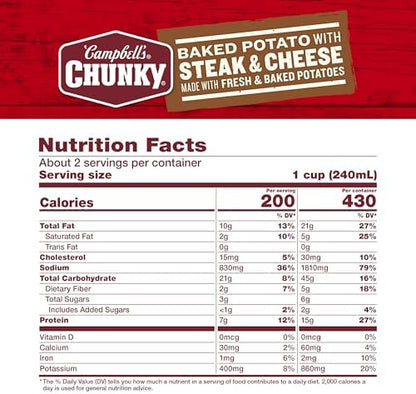 Campbell’s Chunky Baked Potato with Steak & Cheese Soup in an 18.8 oz can, showing the soup with potatoes, steak, and cheese.