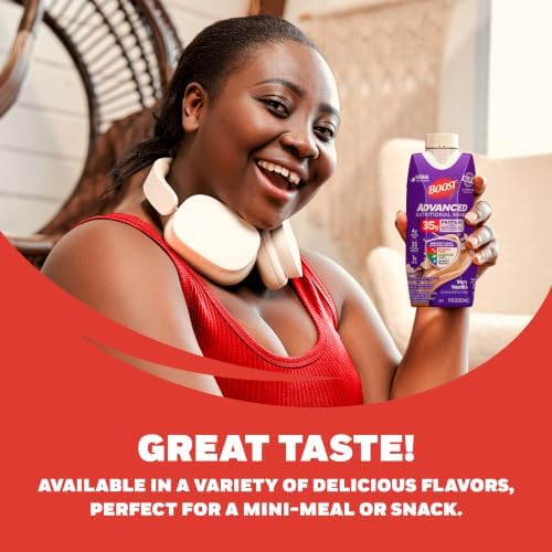 BOOST Advanced Nutritional Protein Shake in chocolate flavor, 12-11 fl oz cartons, creamy drink with rich chocolate taste.
